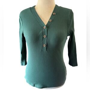 Hobemty Dark Green Button V Neck Blouse Basic 3/4 Sleeve Knit Top - Large